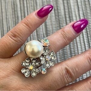 Fashion ring, adjustable, AB stones, oversized faux pearl